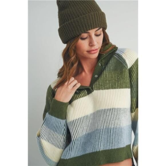Multi Green Color Stripped Long Sleeve Sweater For Women